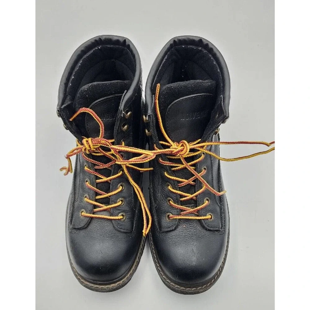 Wolverine Black Leather Work Boots with Orange Laces